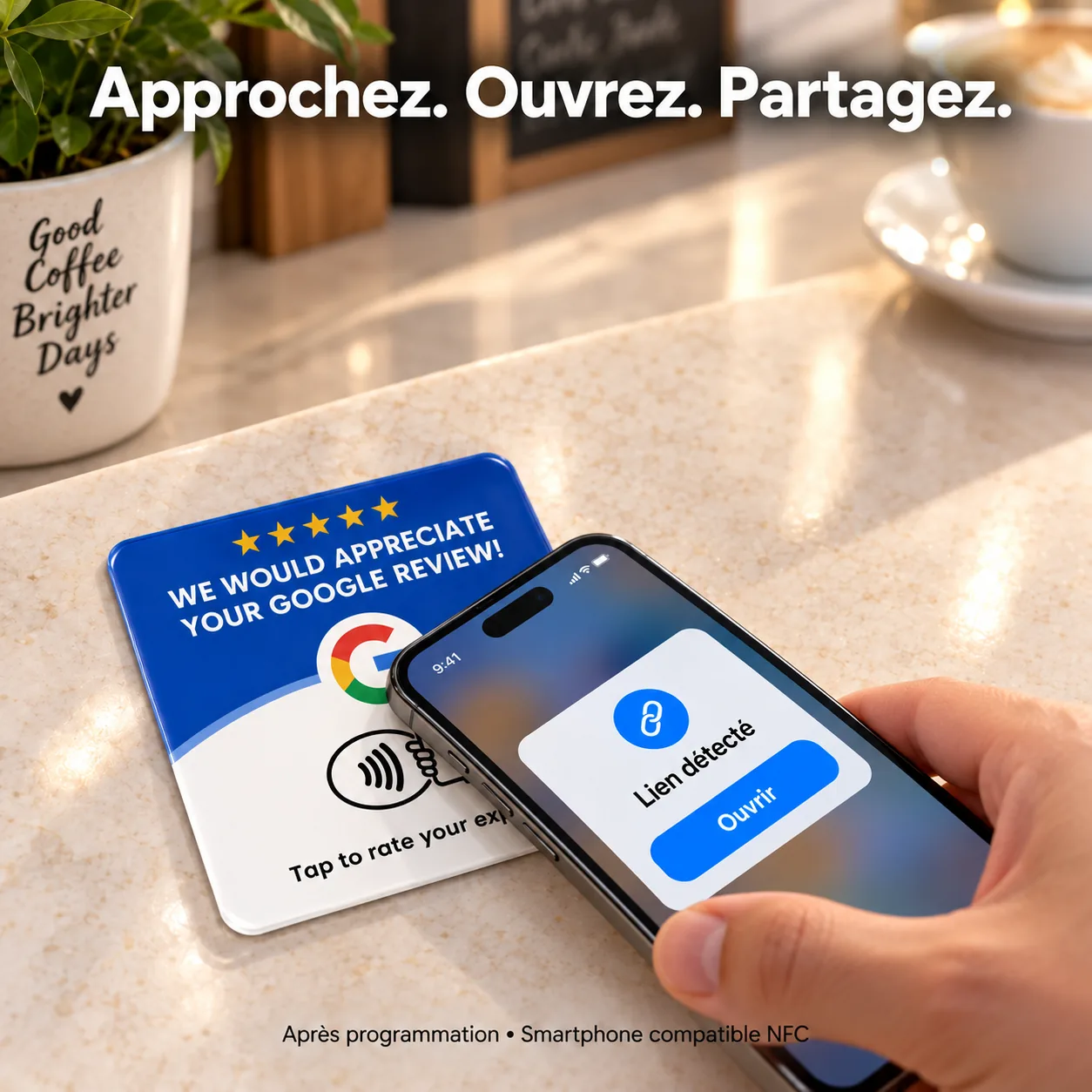 Client utilisant une carte NFC Avis Pro — un tap ouvre la page Google Reviews de l'entreprise